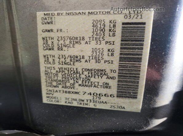 5N1AT3BBXMC740666 2021 NISSAN ROGUE Gray VIN կոդի պիտակի տեսք