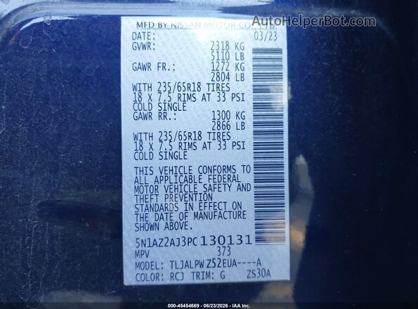 5N1AZ2AJ3PC130131 2023 NISSAN MURANO Dark Blue Widok komory silnika