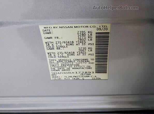 5N1AZ2AS0LN172893 2020 NISSAN MURANO Silver Շարժիչի բաժամունքի տեսք