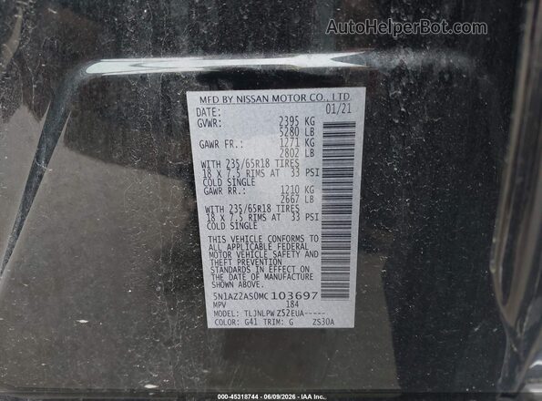 5N1AZ2AS0MC103697 2021 NISSAN MURANO Black Vista del compartimento del motor