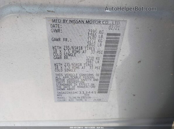 5N1AZ2AS1MC113445 2021 NISSAN MURANO Silver Engine compartment view