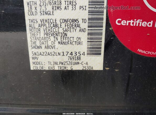 5N1AZ2AS2LN174354 2020 NISSAN MURANO Black Շարժիչի բաժամունքի տեսք