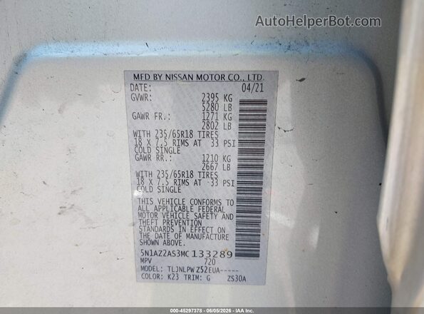 5N1AZ2AS3MC133289 2021 NISSAN MURANO Silver 