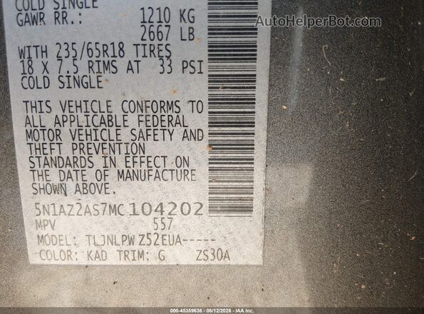 5N1AZ2AS7MC104202 2021 NISSAN MURANO Gray Vista del compartimento del motor