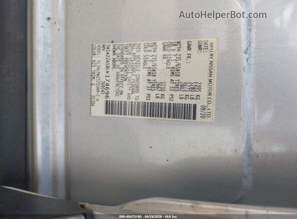 5N1AZ2AS8LN174696 2020 NISSAN MURANO Silver Вид підкапотного простору
