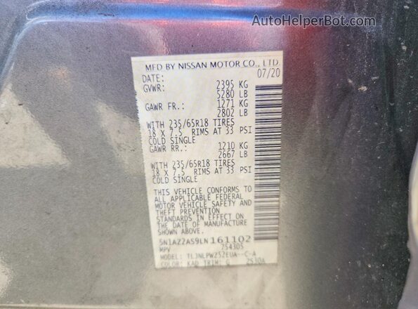 5N1AZ2AS9LN161102 2020 NISSAN MURANO Угольный 