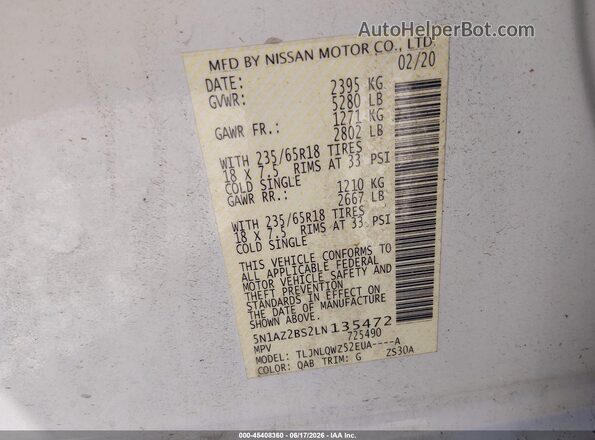 5N1AZ2BS2LN135472 2020 NISSAN MURANO White VIN კოდის სტიკერის ხედი