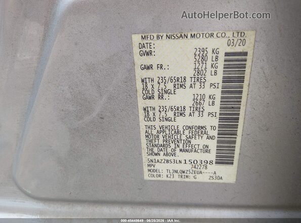 5N1AZ2BS3LN150398 2020 NISSAN MURANO Silver ძრავის განყოფილების ხედი