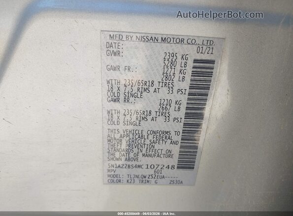 5N1AZ2BS4MC107248 2021 NISSAN MURANO Silver Engine compartment view