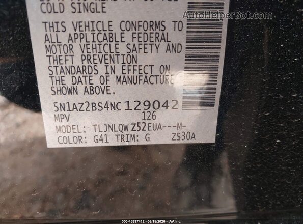 5N1AZ2BS4NC129042 2022 NISSAN MURANO Black Engine compartment view