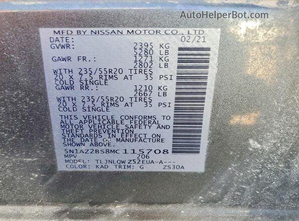 5N1AZ2BS8MC115708 2021 NISSAN MURANO Gray Vista de la etiqueta del VIN
