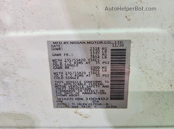 5N1AZ2CJ0MC100402 2021 NISSAN MURANO Белый 