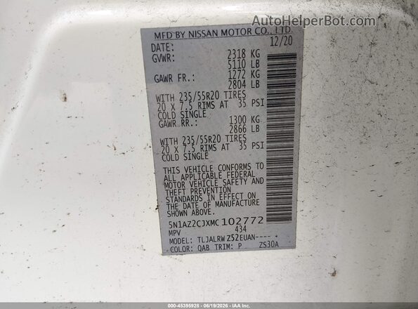 5N1AZ2CJXMC102772 2021 NISSAN MURANO White Շարժիչի բաժամունքի տեսք