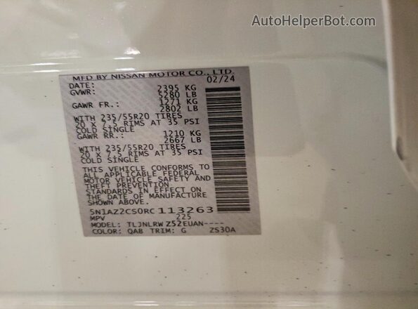 5N1AZ2CS0RC113263 2024 NISSAN MURANO White VIN կոդի պիտակի տեսք