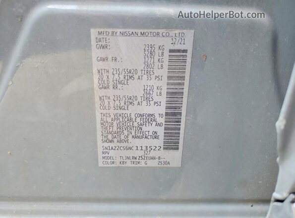 5N1AZ2CS6NC113522 2022 NISSAN MURANO Серый Вид наклейки с VIN-кодом