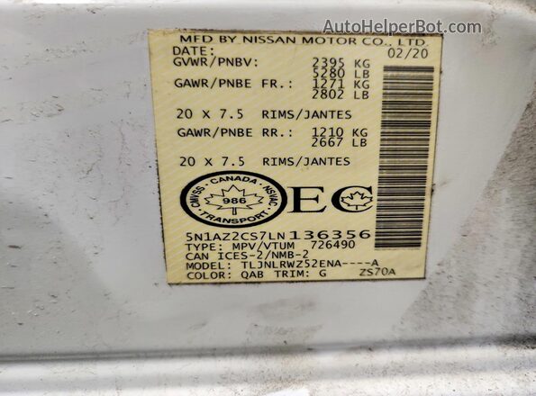 5N1AZ2CS7LN136356 2020 NISSAN MURANO White Вид наклейки з VIN-кодом