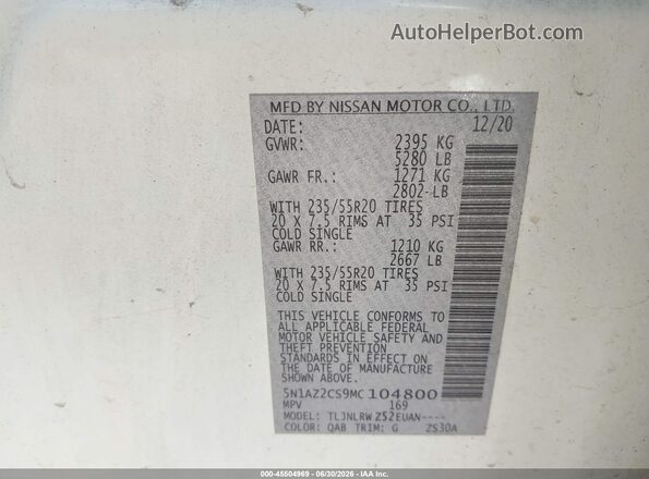 5N1AZ2CS9MC104800 2021 NISSAN MURANO Белый Вид подкапотного пространства
