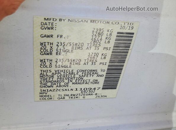 5N1AZ2CSXLN110947 2020 NISSAN MURANO White სალონის 360-გრადუსიანი ხედი