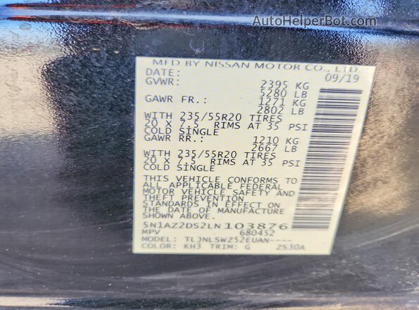 5N1AZ2DS2LN103876 2020 NISSAN MURANO Черный Вид наклейки с VIN-кодом