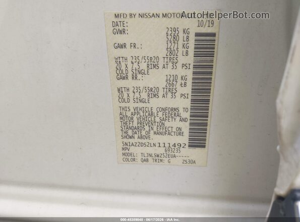 5N1AZ2DS2LN111492 2020 NISSAN MURANO White ძრავის განყოფილების ხედი