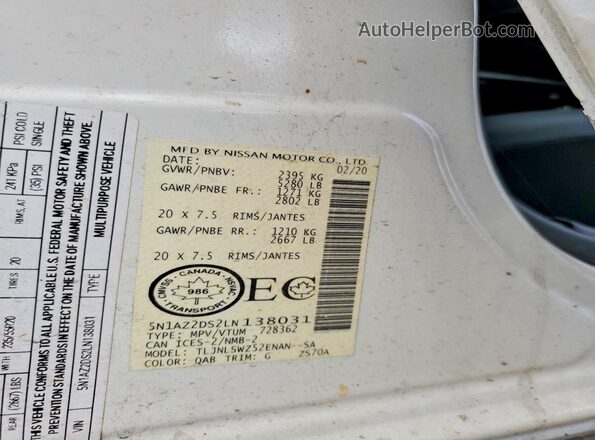 5N1AZ2DS2LN138031 2020 NISSAN MURANO White VIN sticker view