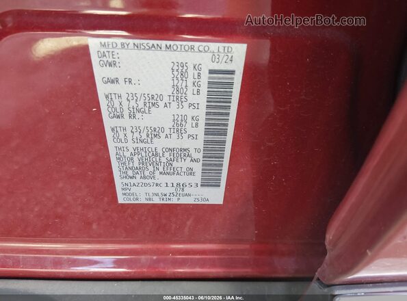 5N1AZ2DS7RC118653 2024 NISSAN MURANO Red Շարժիչի բաժամունքի տեսք