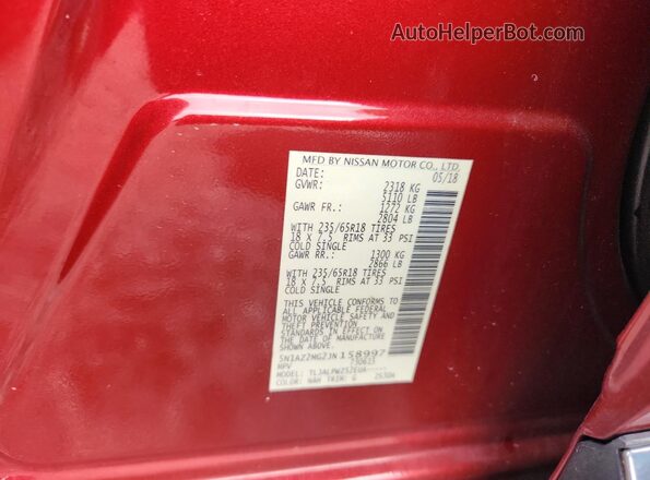 5N1AZ2MG2JN158997 2018 NISSAN MURANO Burgundy VIN sticker view