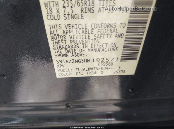 5N1AZ2MG3HN192571 2017 NISSAN MURANO Black Widok komory silnika