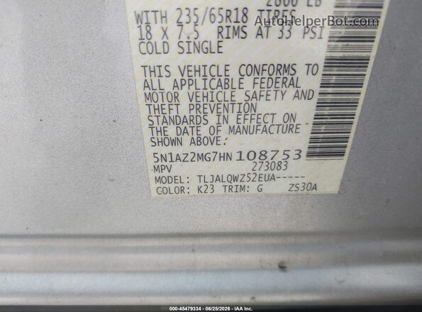 5N1AZ2MG7HN108753 2017 NISSAN MURANO Серебряный Вид подкапотного пространства