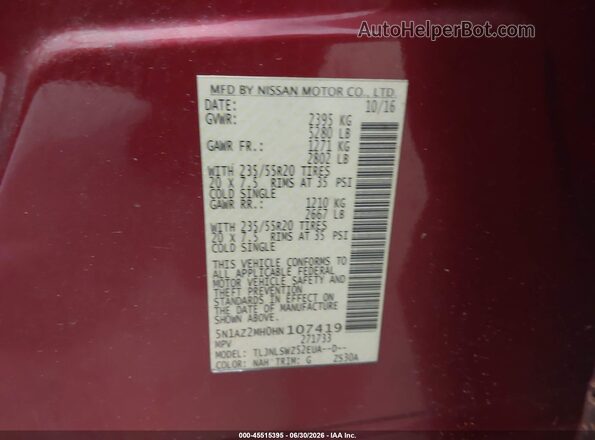 5N1AZ2MH0HN107419 2017 NISSAN MURANO Red Widok komory silnika