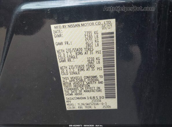 5N1AZ2MH0HN168530 2017 NISSAN MURANO Blue Engine compartment view