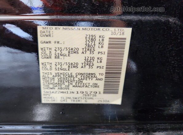 5N1AZ2MH1JN195791 2018 NISSAN MURANO Black VIN sticker view