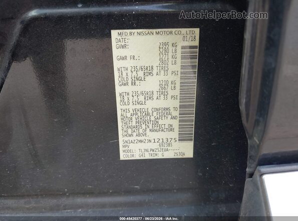 5N1AZ2MH2JN121375 2018 NISSAN MURANO Черный Вид подкапотного пространства