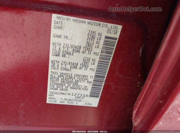 5N1AZ2MH2JN127516 2018 NISSAN MURANO Красный Вид подкапотного пространства