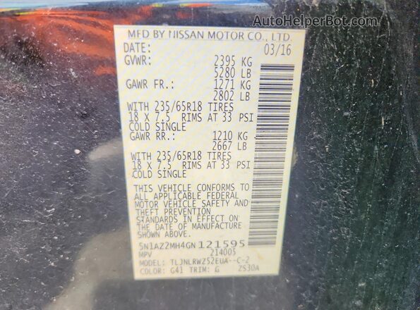 5N1AZ2MH4GN121595 2016 NISSAN MURANO Black VIN sticker view