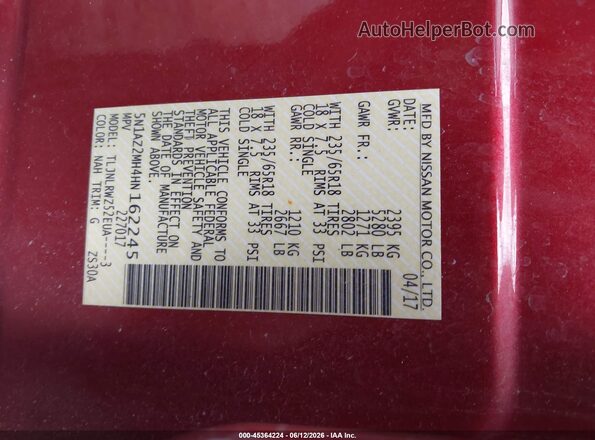 5N1AZ2MH4HN162245 2017 NISSAN MURANO Red ძრავის განყოფილების ხედი