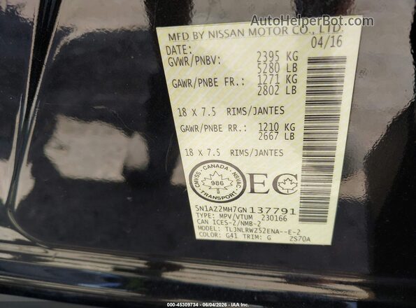 5N1AZ2MH7GN137791 2016 NISSAN MURANO Black Widok komory silnika