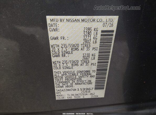 5N1AZ2MH7GN159967 2016 NISSAN MURANO Gray Engine compartment view