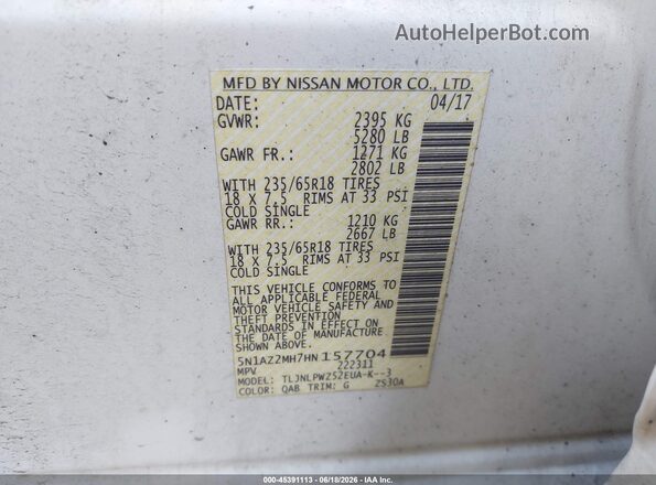5N1AZ2MH7HN157704 2017 NISSAN MURANO White Widok komory silnika