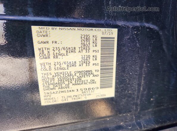 5N1AZ2MS1KN159869 2019 NISSAN MURANO Black VIN sticker view