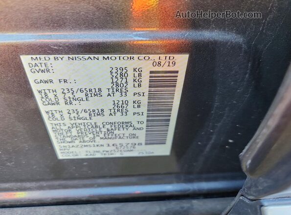 5N1AZ2MS1KN165798 2019 NISSAN MURANO Gray Vista de la etiqueta del VIN