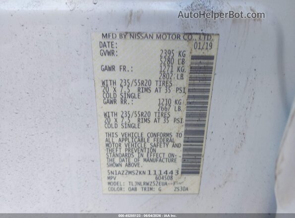 5N1AZ2MS2KN111443 2019 NISSAN MURANO Белый Вид подкапотного пространства