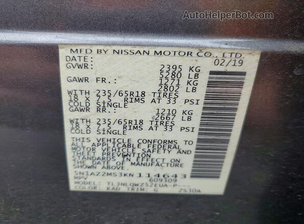 5N1AZ2MS3KN114643 2019 NISSAN MURANO Gray VIN sticker view