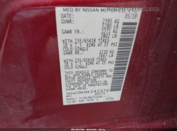 5N1AZ2MS3KN142376 2019 NISSAN MURANO Red Widok komory silnika