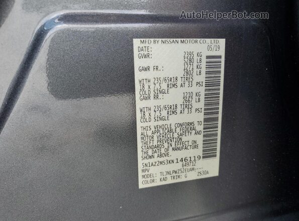 5N1AZ2MS3KN146119 2019 NISSAN MURANO Gray Vista interior de 360 grados