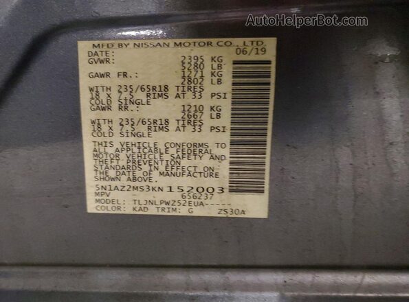 5N1AZ2MS3KN152003 2019 NISSAN MURANO Gray 