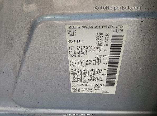 5N1AZ2MS4KN127059 2019 NISSAN MURANO Silver Widok komory silnika