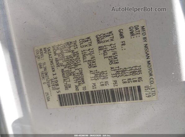 5N1AZ2MS5KN139835 2019 NISSAN MURANO White Вид підкапотного простору