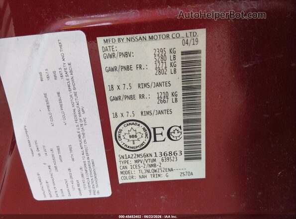 5N1AZ2MS6KN136863 2019 NISSAN MURANO Red Engine compartment view