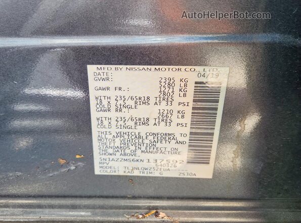5N1AZ2MS6KN137592 2019 NISSAN MURANO Серый Вид наклейки с VIN-кодом